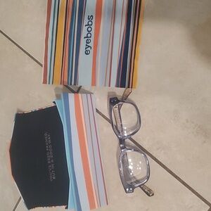 NWOT Eyebobs Biff Blue & Brown Reading Glasses Case & Cloth